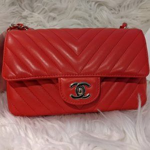 Chanel red mini rectagular lambskin chevron flap